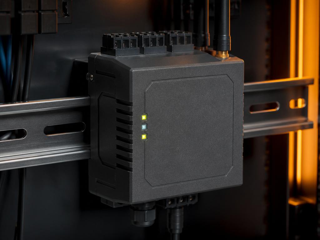 RailGuard — 3D-printed din-rail industrial box render