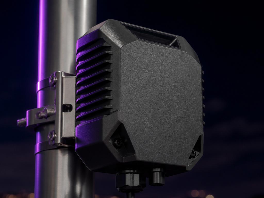 FieldMesh Relay — 3D-printed pole-mount mesh node render